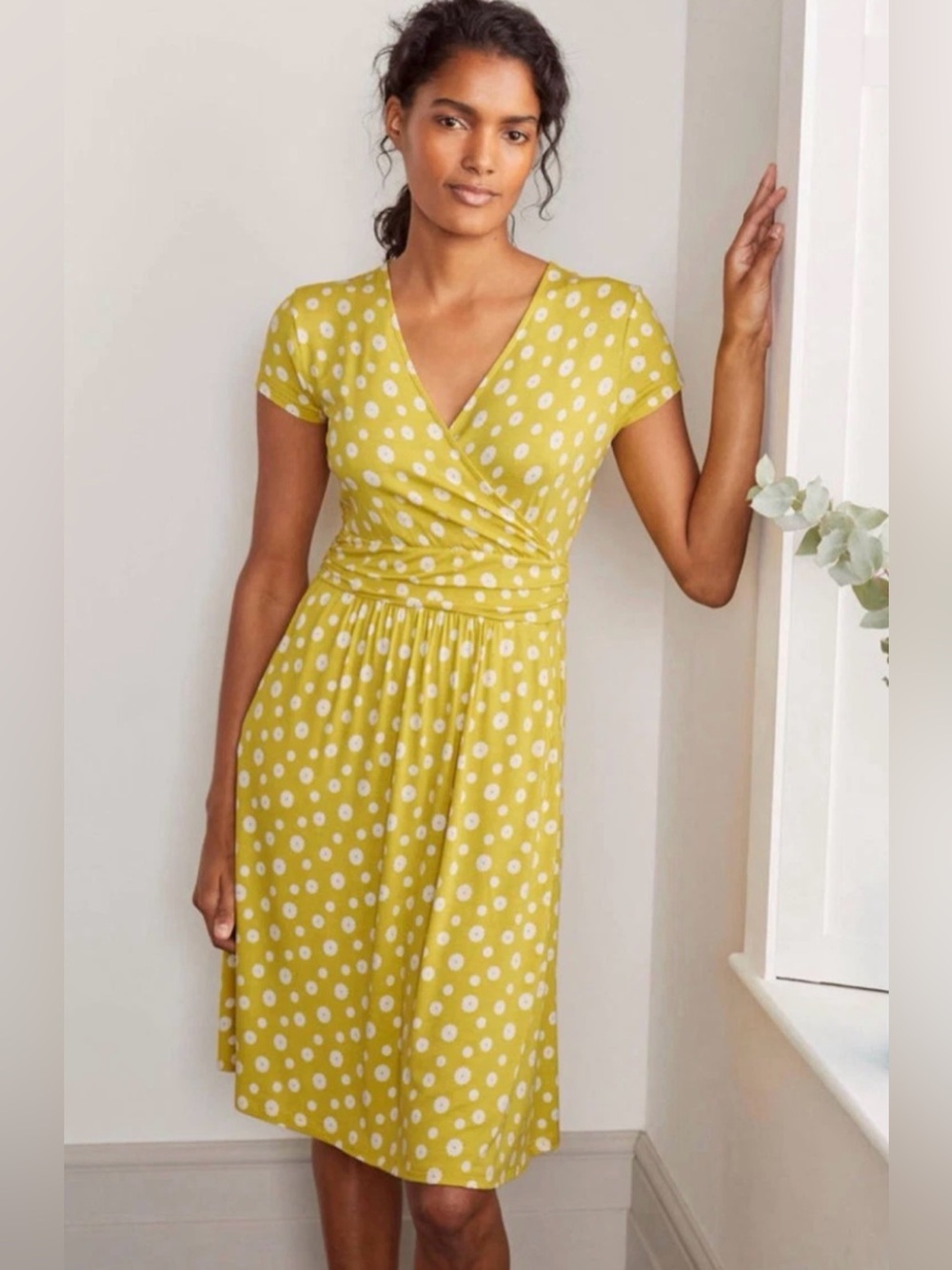 Boden Lola Faux Wrap Jersey Knit Daisy Floral Boho Artsy Dress Lime Green 10